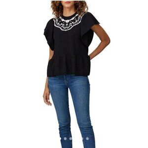 Red Valentino Womens Size Large  Maglia Top Blouse Black Floral Flutter Sleeves